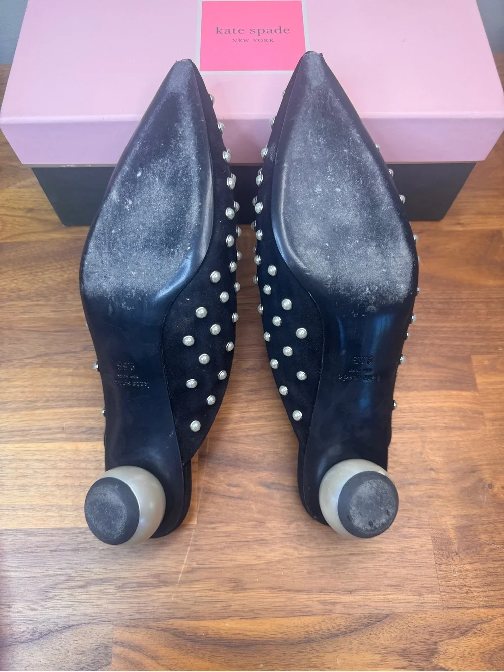 kate spade Black Pearl-Embellished Pointed Toe Mules Honor Velvet 9.5